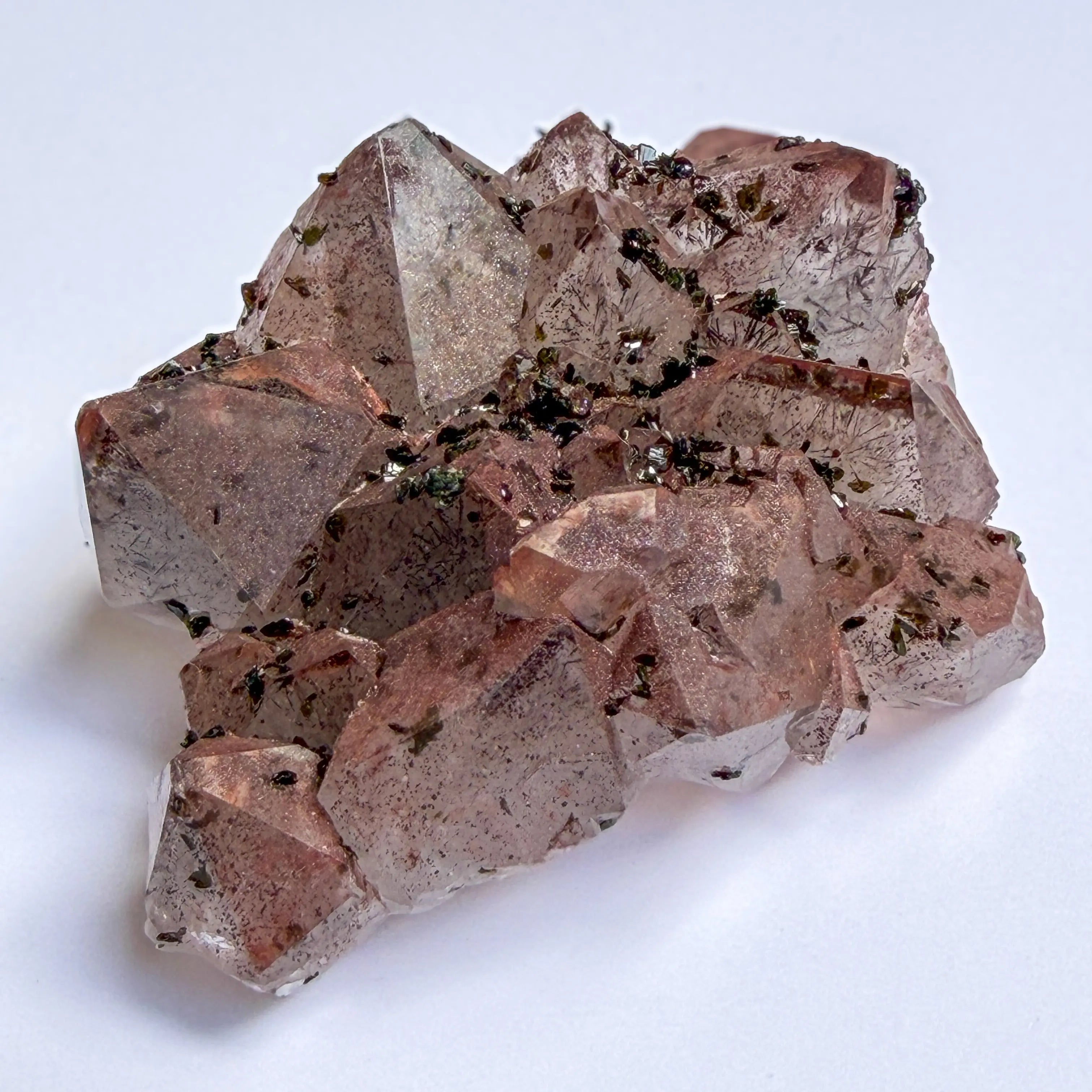Pink Garden Quartz from Sichuan with Epidote and Hematite view 2